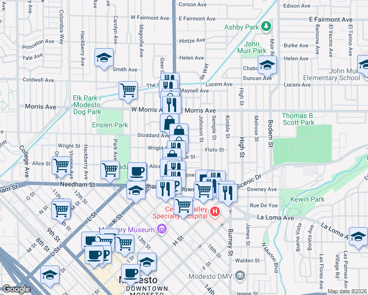 map of restaurants, bars, coffee shops, grocery stores, and more near 114 Almond Avenue in Modesto