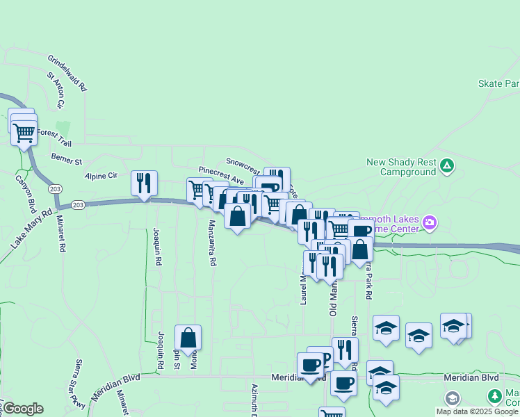 map of restaurants, bars, coffee shops, grocery stores, and more near 3310 Main Street in Mammoth Lakes