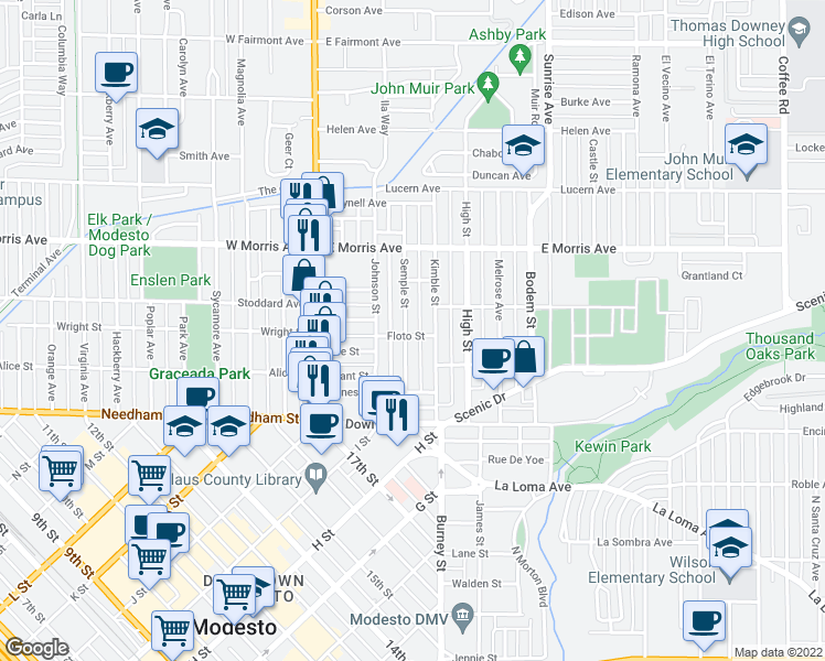map of restaurants, bars, coffee shops, grocery stores, and more near 305 Floto Street in Modesto