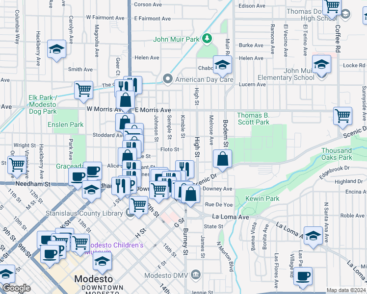 map of restaurants, bars, coffee shops, grocery stores, and more near 232 Kimble Street in Modesto
