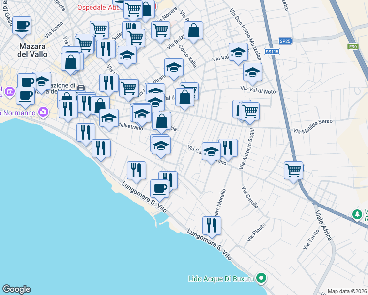 map of restaurants, bars, coffee shops, grocery stores, and more near 56C Via Castelvetrano in Mazara del Vallo