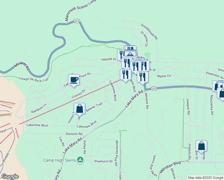 map of restaurants, bars, coffee shops, grocery stores, and more near 221 Lakeview Boulevard in Mammoth Lakes
