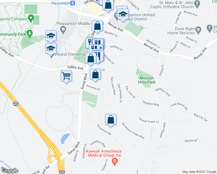 map of restaurants, bars, coffee shops, grocery stores, and more near 5596 Sonoma Drive in Pleasanton