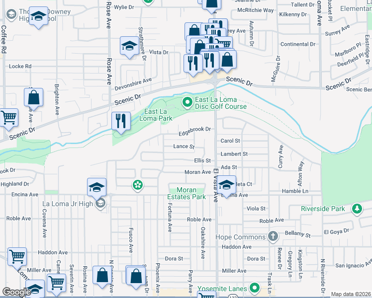 map of restaurants, bars, coffee shops, grocery stores, and more near 2052 Lance Street in Modesto