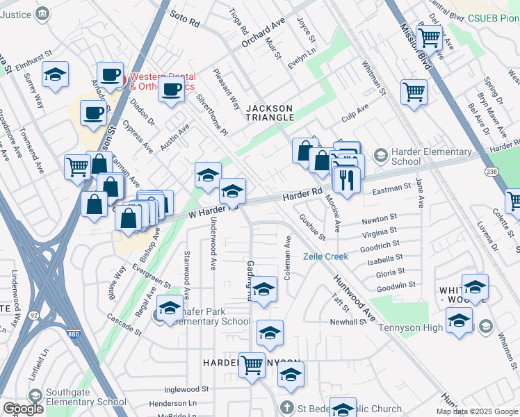 map of restaurants, bars, coffee shops, grocery stores, and more near 30 West Harder Road in Hayward