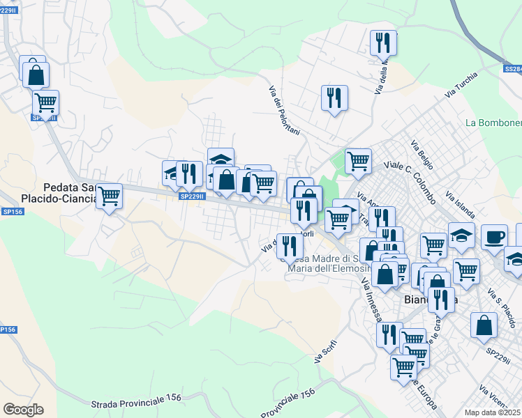 map of restaurants, bars, coffee shops, grocery stores, and more near 61 Via dei Fiori in Biancavilla