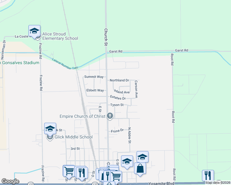 map of restaurants, bars, coffee shops, grocery stores, and more near 5008 Inland Avenue in Modesto