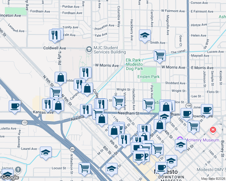 map of restaurants, bars, coffee shops, grocery stores, and more near 230 Olive Avenue in Modesto