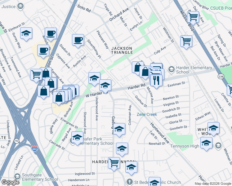 map of restaurants, bars, coffee shops, grocery stores, and more near 30 West Harder Road in Hayward