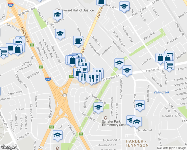 map of restaurants, bars, coffee shops, grocery stores, and more near 25200 Santa Clara Street in Hayward