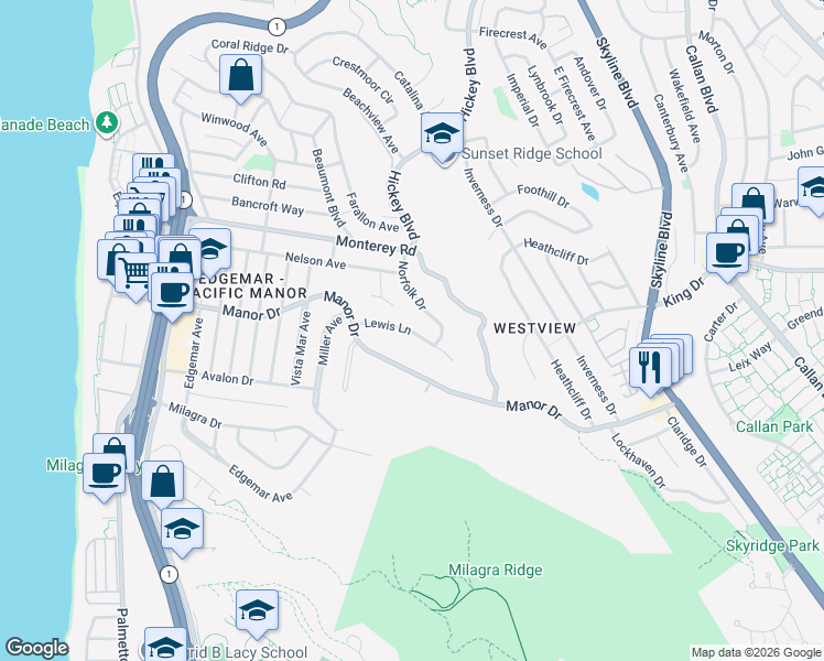 map of restaurants, bars, coffee shops, grocery stores, and more near 441 Lewis Lane in Pacifica