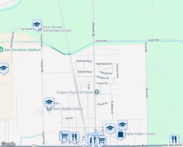 map of restaurants, bars, coffee shops, grocery stores, and more near 4920 Ebbett Way in Modesto