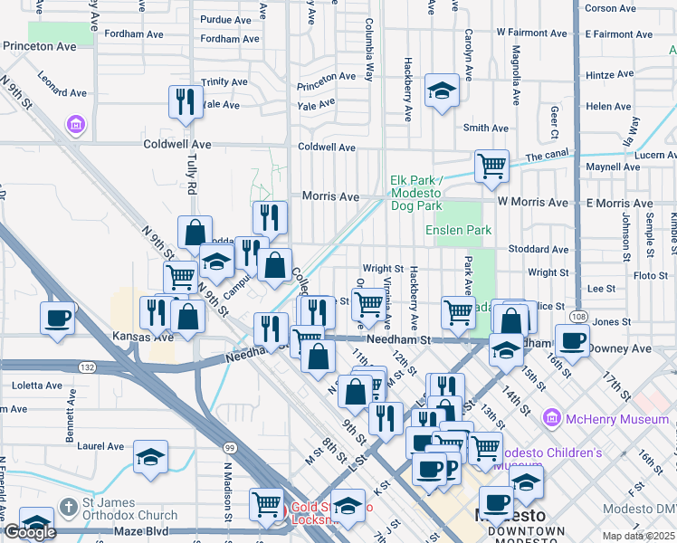 map of restaurants, bars, coffee shops, grocery stores, and more near 230 Olive Avenue in Modesto