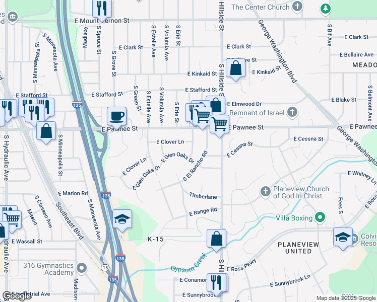map of restaurants, bars, coffee shops, grocery stores, and more near 2942 East Glen Oaks Drive in Wichita