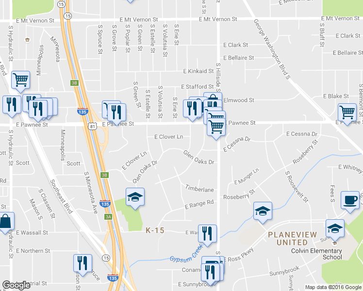 map of restaurants, bars, coffee shops, grocery stores, and more near 2942 Glen Oaks Drive in Wichita