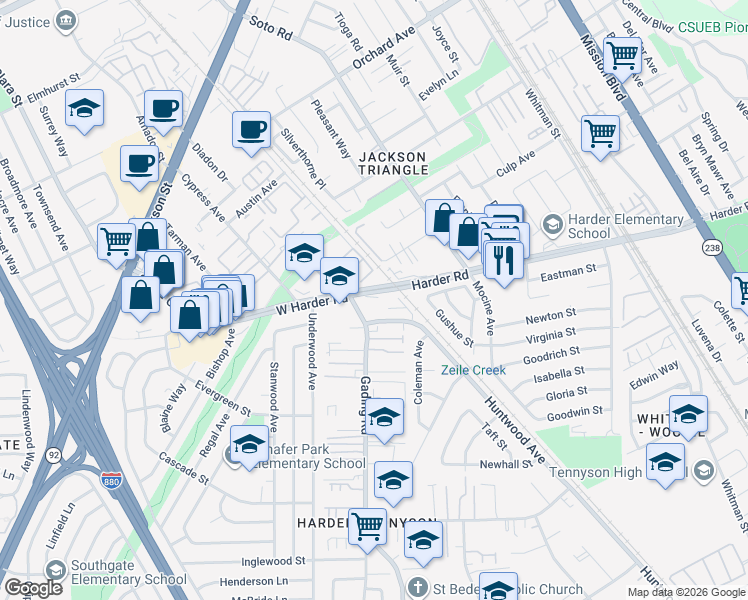 map of restaurants, bars, coffee shops, grocery stores, and more near 30 West Harder Road in Hayward
