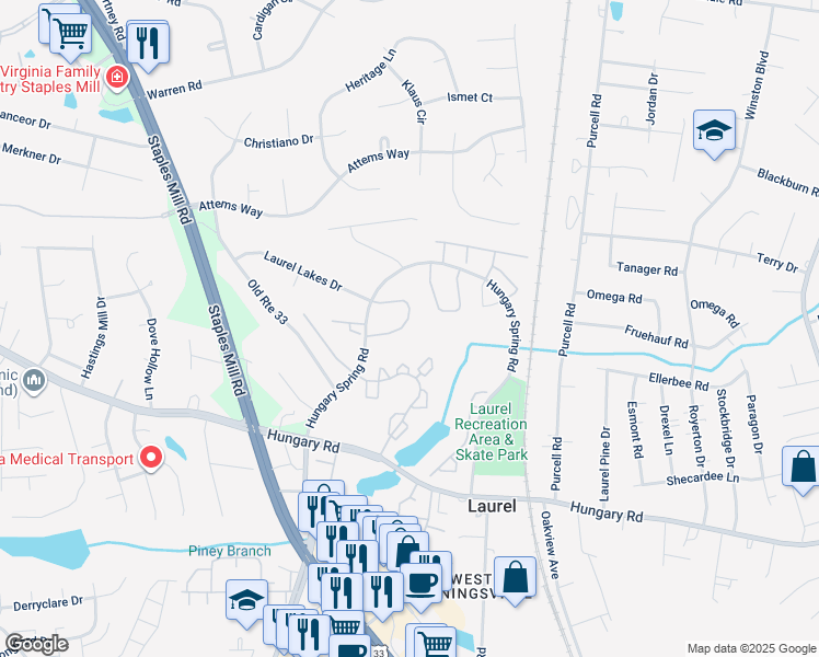 map of restaurants, bars, coffee shops, grocery stores, and more near 9438 Tracey Lynne Circle in Glen Allen
