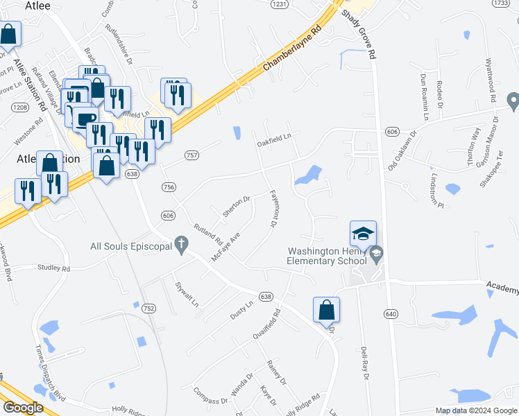 map of restaurants, bars, coffee shops, grocery stores, and more near 8416 McFaye Avenue in Mechanicsville