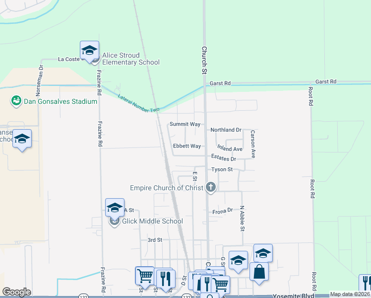 map of restaurants, bars, coffee shops, grocery stores, and more near 4816 Ebbett Way in Modesto