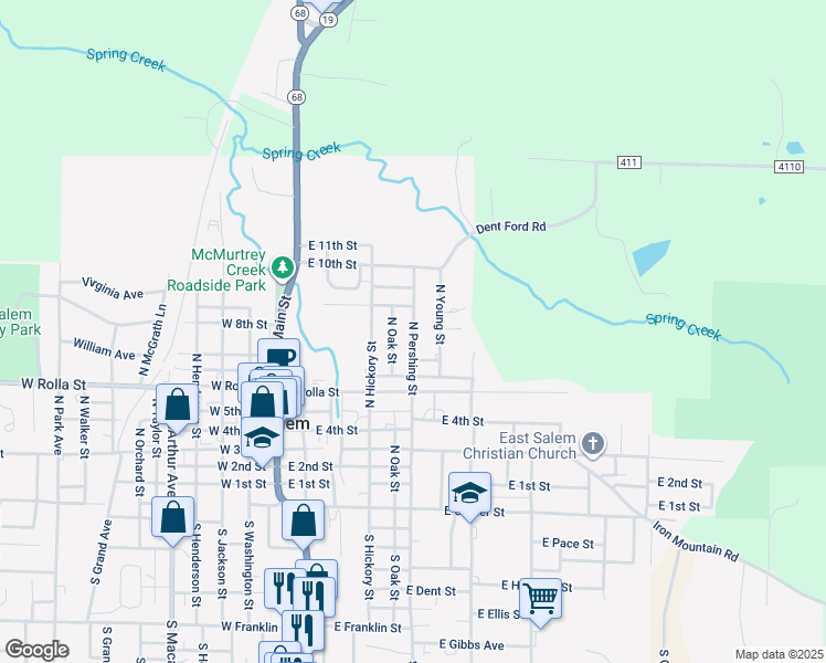 map of restaurants, bars, coffee shops, grocery stores, and more near 713 North Pershing Street in Salem
