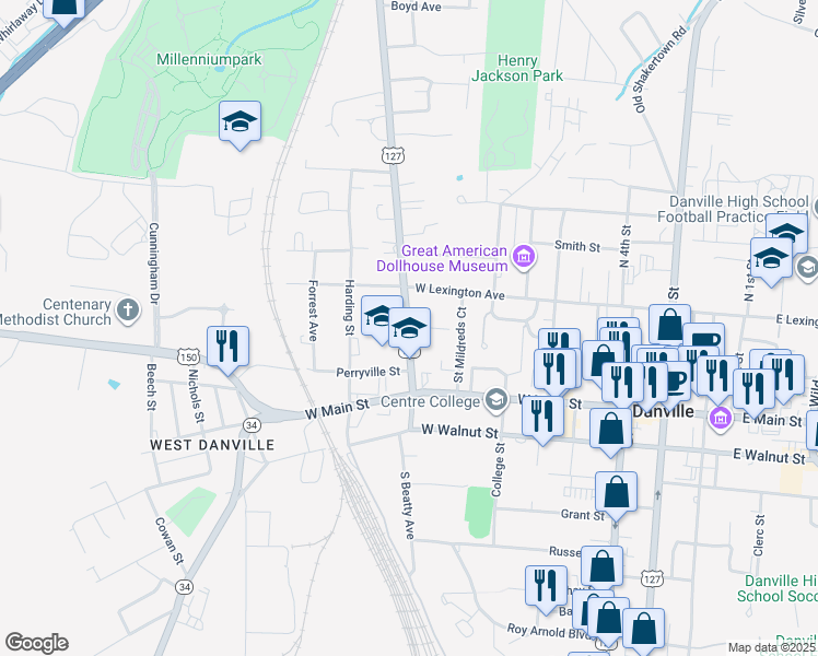 map of restaurants, bars, coffee shops, grocery stores, and more near 209 Maple Avenue in Danville