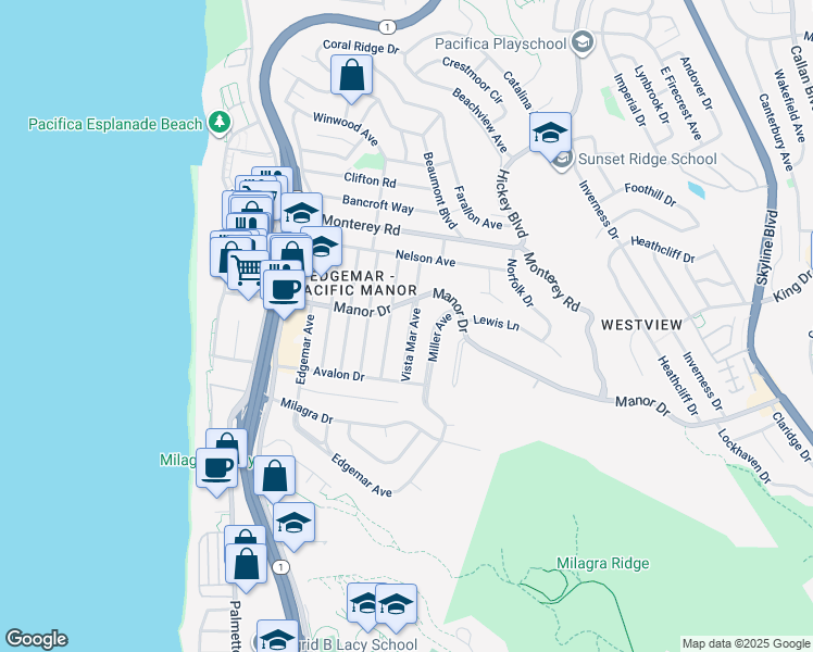 map of restaurants, bars, coffee shops, grocery stores, and more near 516 Vista Mar Avenue in Pacifica