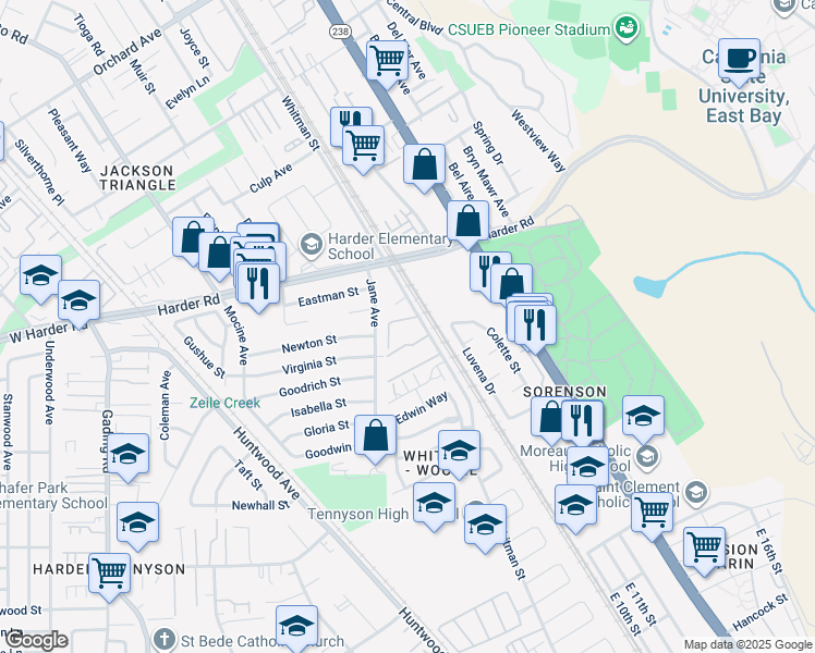 map of restaurants, bars, coffee shops, grocery stores, and more near 26301 Whitman Street in Hayward