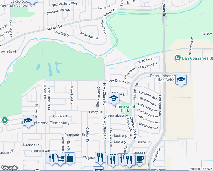map of restaurants, bars, coffee shops, grocery stores, and more near 608 North McClure Road in Modesto