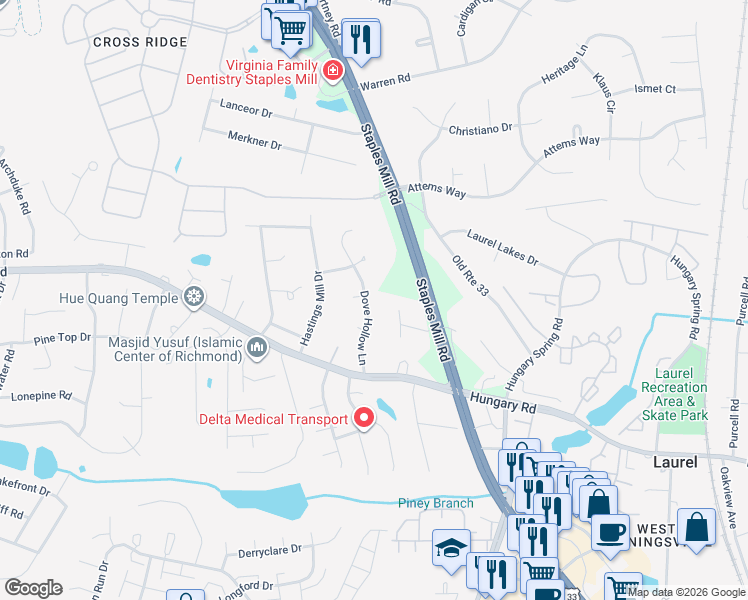 map of restaurants, bars, coffee shops, grocery stores, and more near 9629 Dove Hollow Lane in Glen Allen