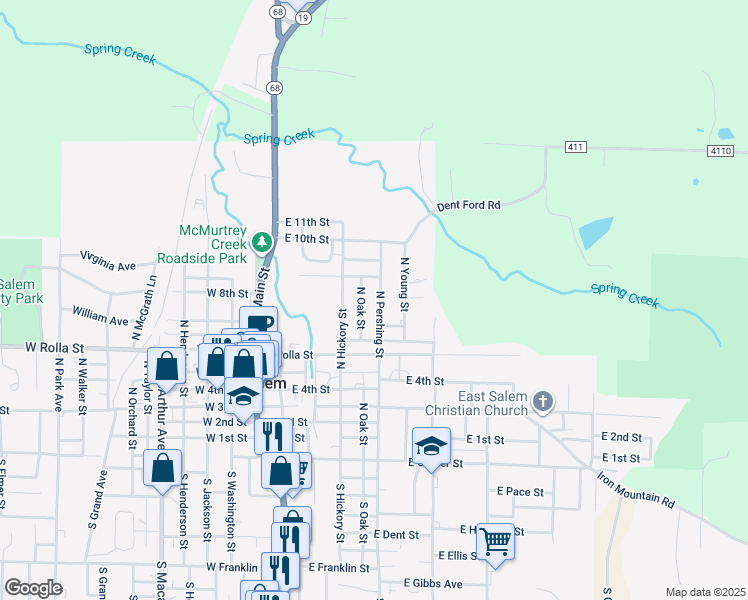 map of restaurants, bars, coffee shops, grocery stores, and more near 713 North Pershing Street in Salem