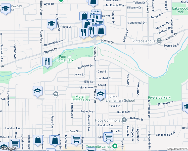 map of restaurants, bars, coffee shops, grocery stores, and more near 615 El Vista Avenue in Modesto