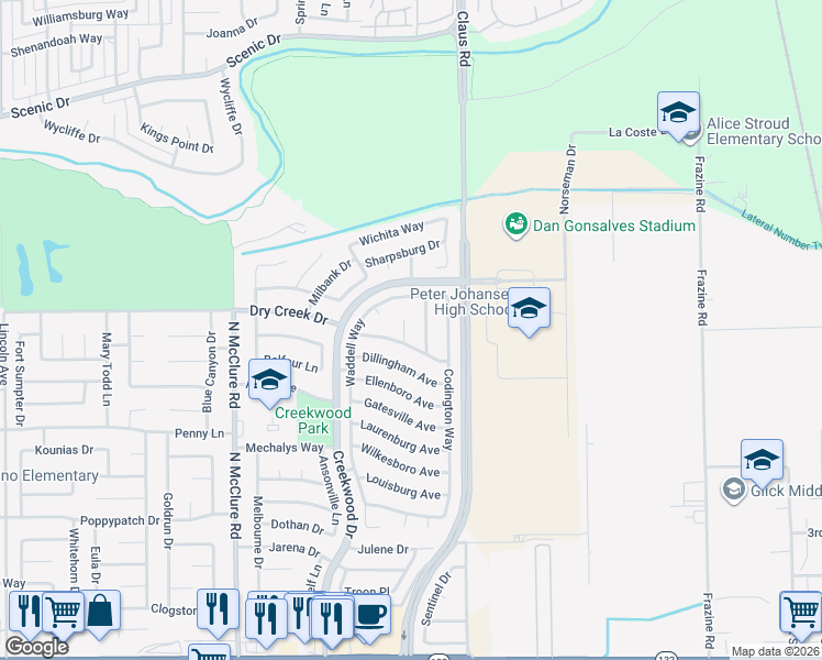 map of restaurants, bars, coffee shops, grocery stores, and more near 708 Chadburn Court in Modesto