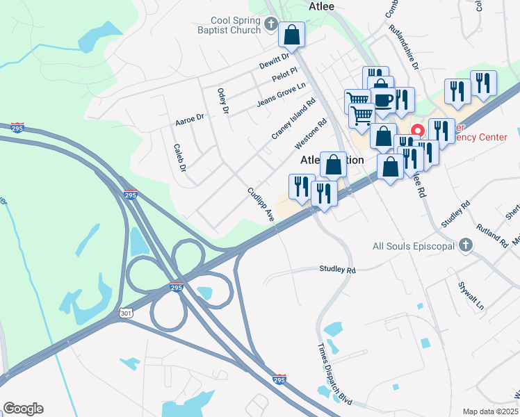 map of restaurants, bars, coffee shops, grocery stores, and more near 9079 Cudlipp Avenue in Mechanicsville