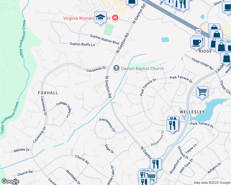 map of restaurants, bars, coffee shops, grocery stores, and more near 3705 Blue Lake Drive in Richmond