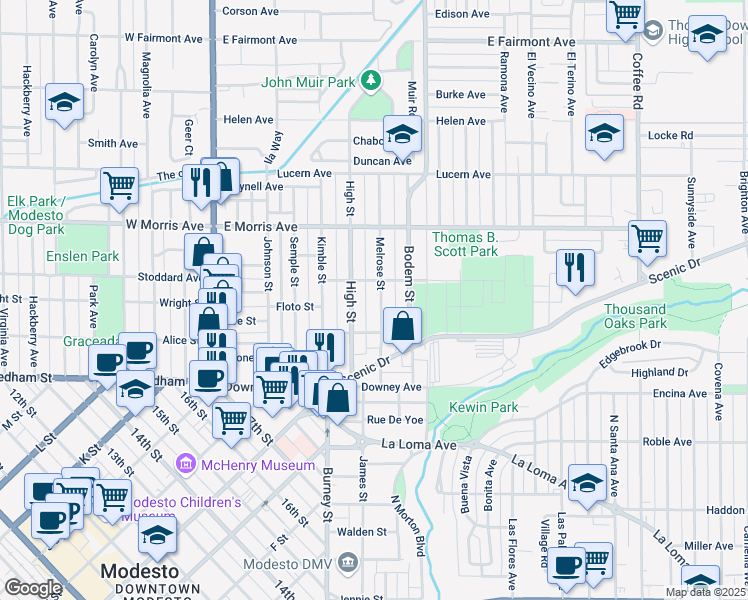 map of restaurants, bars, coffee shops, grocery stores, and more near 231 Melrose Street in Modesto