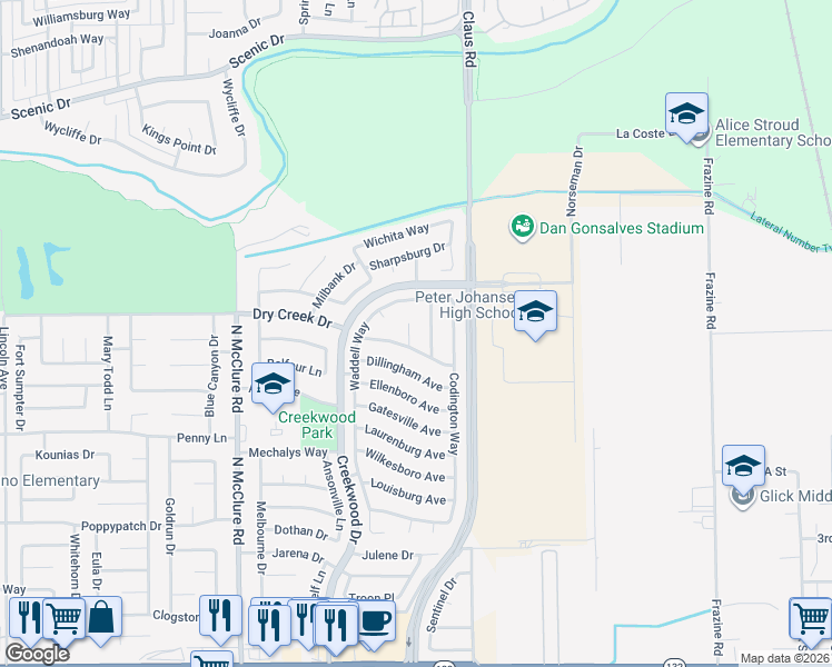 map of restaurants, bars, coffee shops, grocery stores, and more near 708 Chadburn Court in Modesto