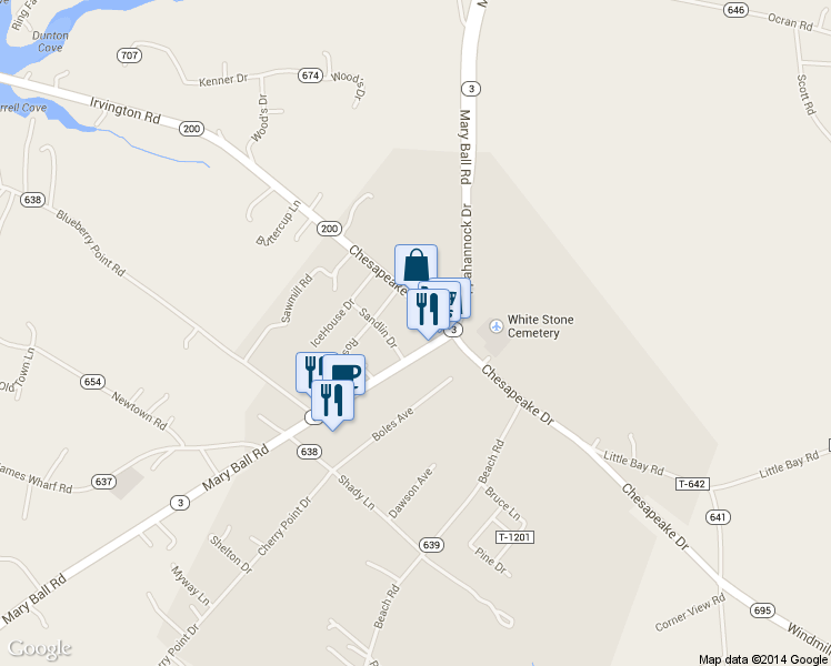 map of restaurants, bars, coffee shops, grocery stores, and more near 586 Rappahannock Dr in White Stone