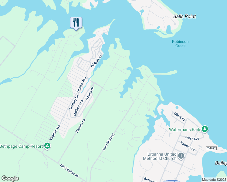 map of restaurants, bars, coffee shops, grocery stores, and more near 672 Browns Lane in Urbanna