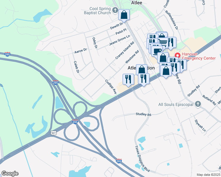 map of restaurants, bars, coffee shops, grocery stores, and more near 9079 Cudlipp Avenue in Mechanicsville