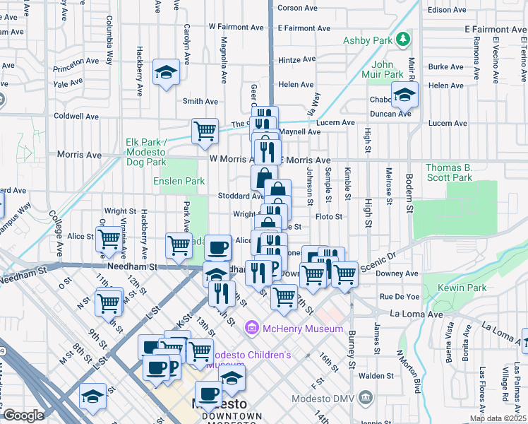 map of restaurants, bars, coffee shops, grocery stores, and more near 111 Wright Street in Modesto