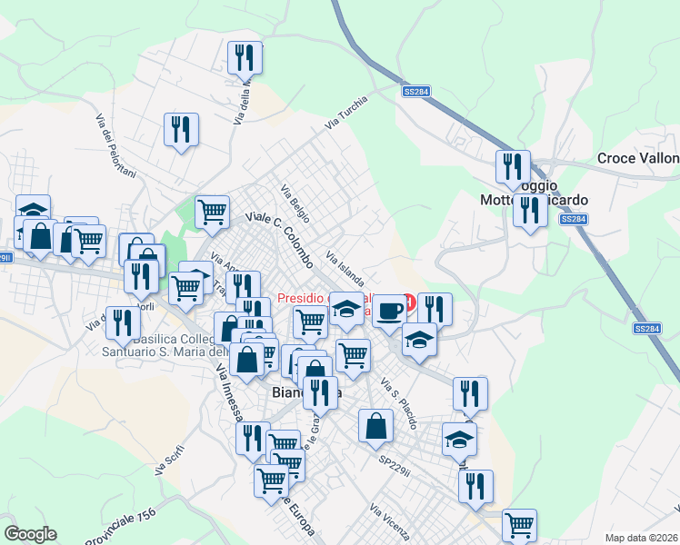map of restaurants, bars, coffee shops, grocery stores, and more near 9 Via Messico in Biancavilla