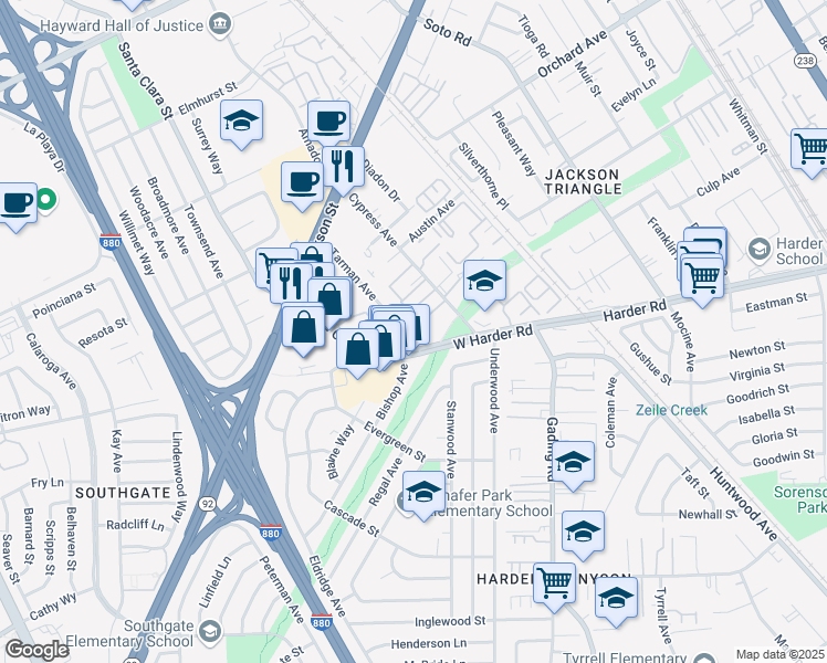 map of restaurants, bars, coffee shops, grocery stores, and more near 25544 Tarman Avenue in Hayward