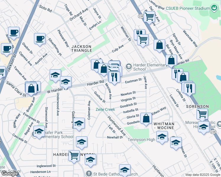 map of restaurants, bars, coffee shops, grocery stores, and more near 26040 Mocine Avenue in Hayward