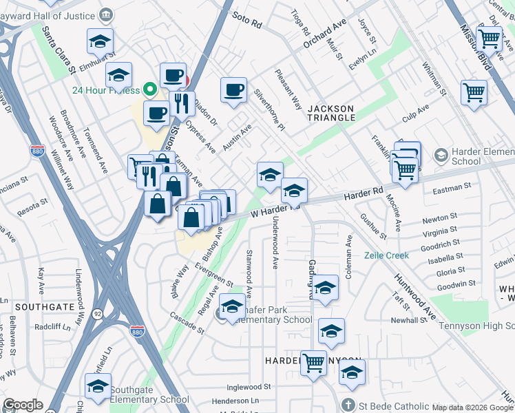 map of restaurants, bars, coffee shops, grocery stores, and more near 25625 Cypress Avenue in Hayward