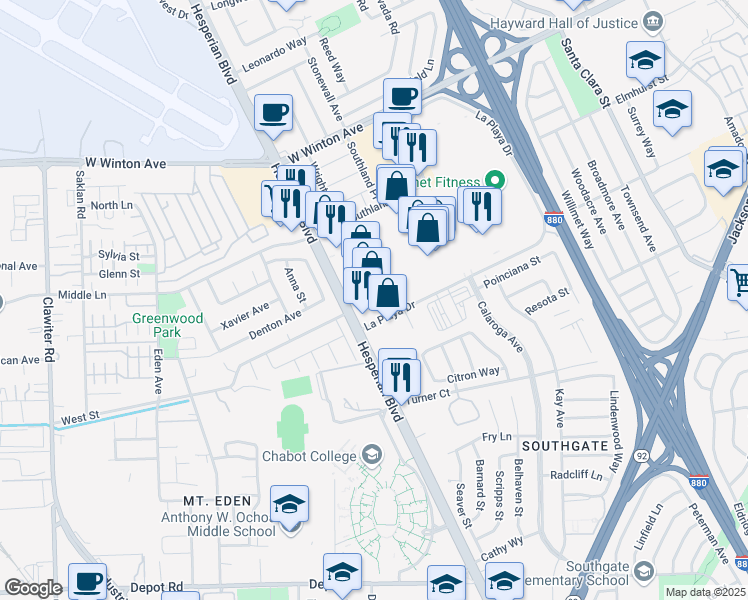 map of restaurants, bars, coffee shops, grocery stores, and more near 1225-1261 La Playa Drive in Hayward