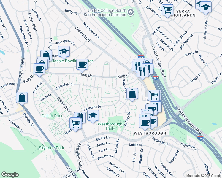 map of restaurants, bars, coffee shops, grocery stores, and more near 2417 Greendale Drive in South San Francisco