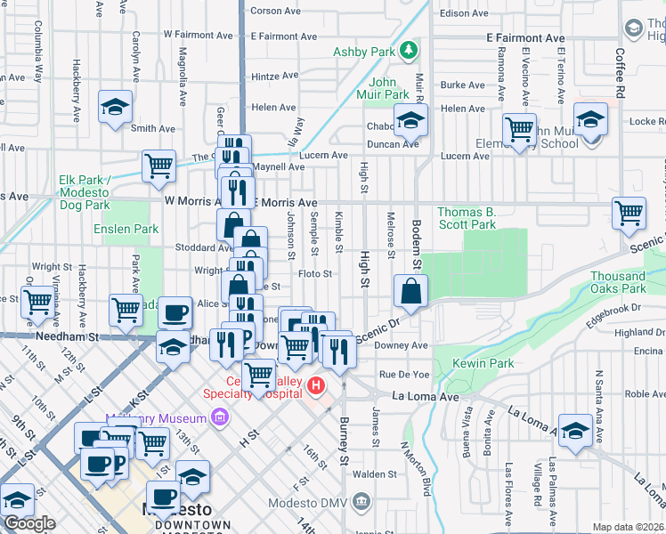 map of restaurants, bars, coffee shops, grocery stores, and more near 306 Semple Street in Modesto