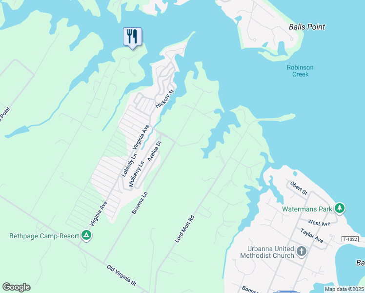 map of restaurants, bars, coffee shops, grocery stores, and more near 810 Browns Lane in Urbanna