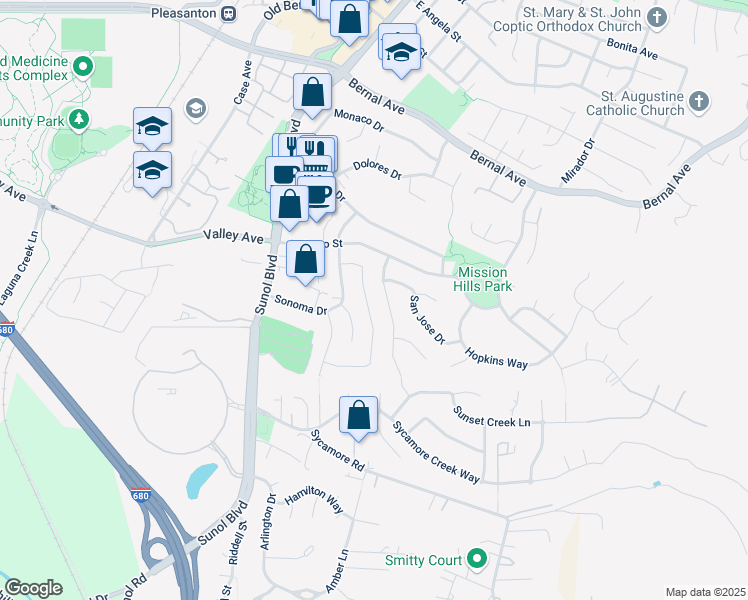 map of restaurants, bars, coffee shops, grocery stores, and more near 5588 San Juan Way in Pleasanton