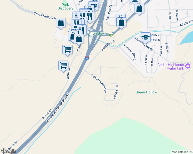 map of restaurants, bars, coffee shops, grocery stores, and more near 1593 South Shurtz Canyon Drive in Cedar City